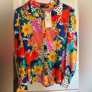 Women’s Vibrant Tropical Floral Boho Button-Up Blouse Medium